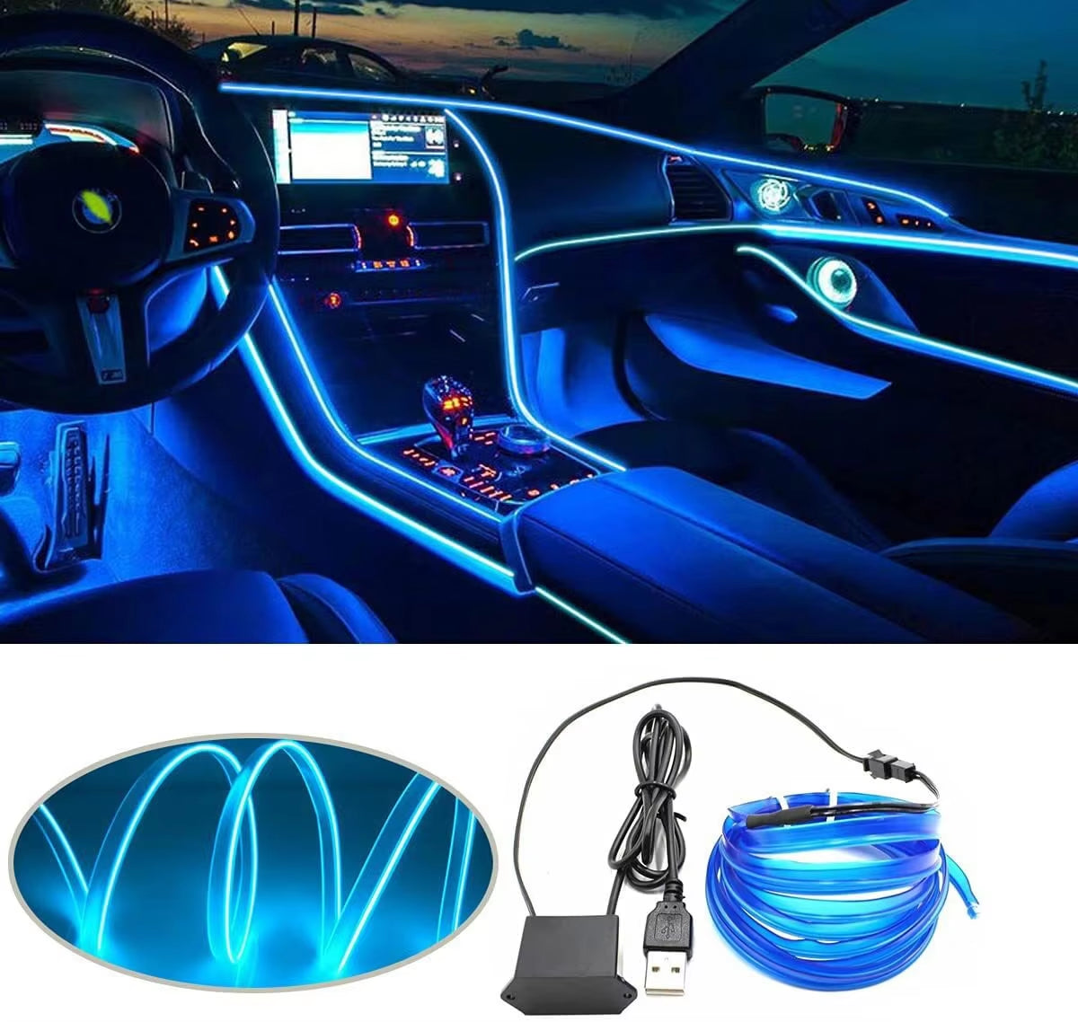 2M/3M/5M LED Car Interior Decoration Light EL Wiring Neon Strip for Auto DIY Flexible Ambient Light with USB Drive Ambient Lamp