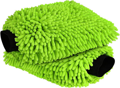 Car Wash Mitt Microfiber, 2Pk-Scratch & Lint-Free, Premium Chenille Microfiber Wash Mitt Car Wash Brush-Green Regular Size (7.12''X10.14'')